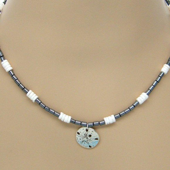Sand Dollar Necklace Black Glass White Puka Shells 18" 7088-13 - Picture 1 of 7